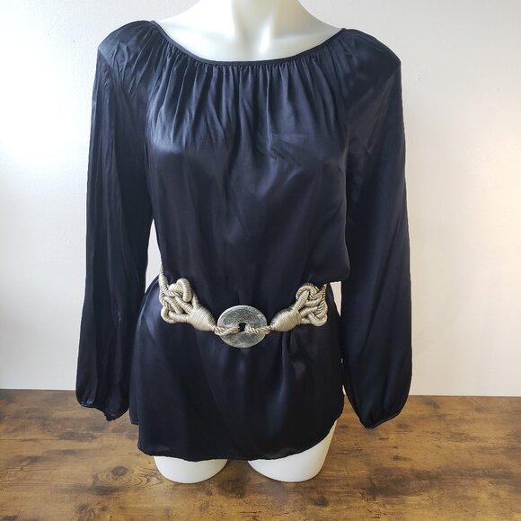 Super Silky 100% Silk Black Blue Elegant Shiny Blouse - Picture 1 of 14
